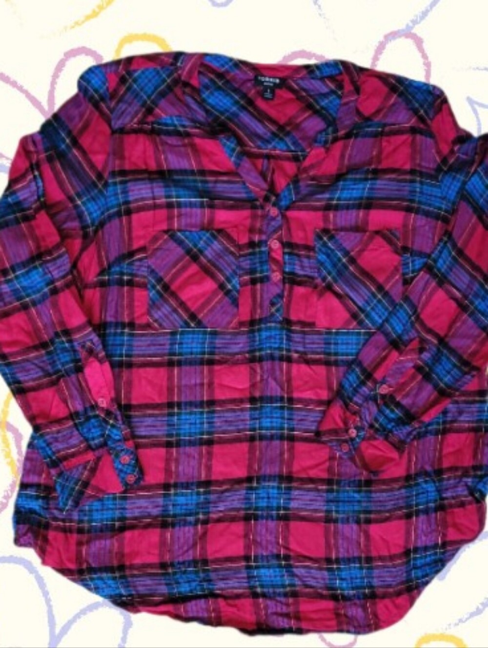 Plaid Pink & Blue Henley Blouse, Torrid Size 1x Shirt, Vibrant Colorful Pullover